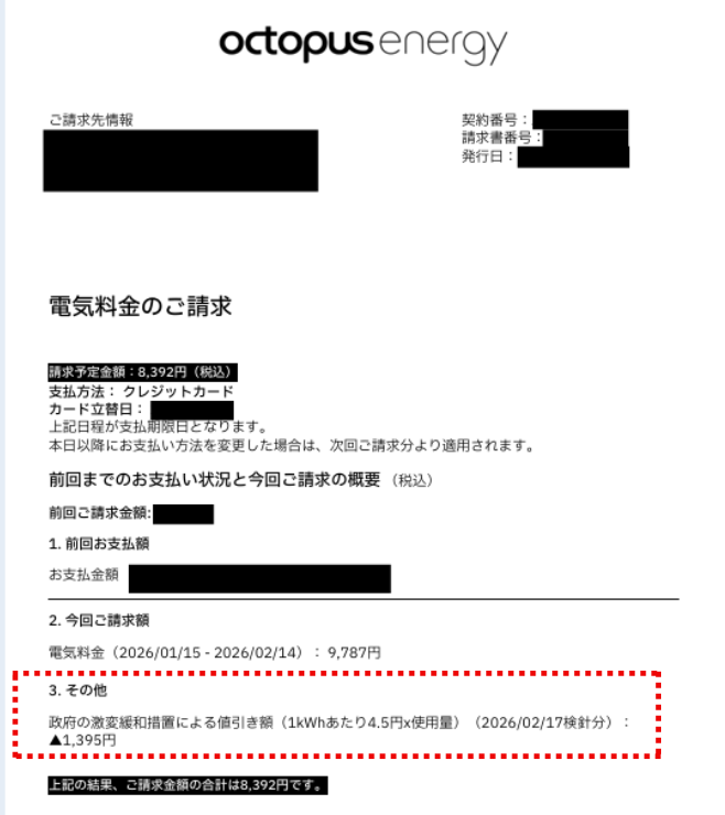 補助金の分が引かれているオクトパスエナジーの請求書